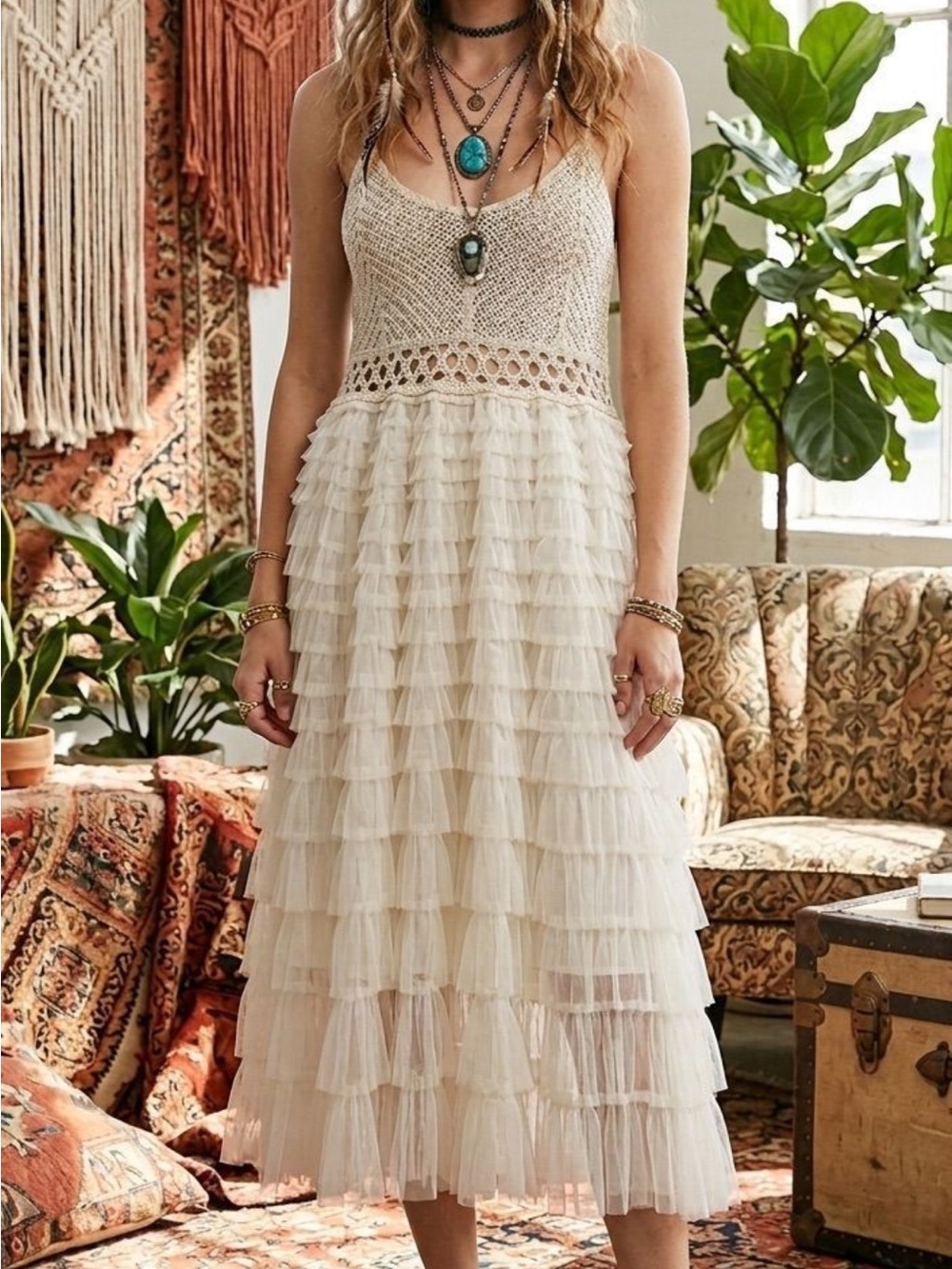 POL Cream Crochet Bodice Tiered Ruffle Midi Dress